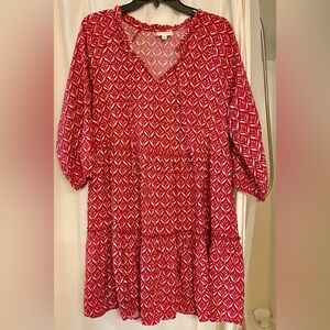 Wonderly Red&White Print Peasant Style Dress.  3/4 Sleeve. Pullover w/Tie. EUC